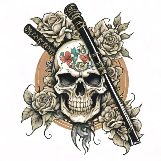 Katana Through Skull Surrounded By Flowers Growing