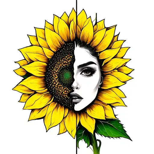 Half Femal Face Half Sunflower