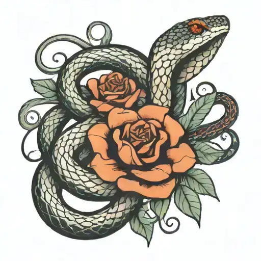 Snake Wrapped Around 3 Flowers Intertwined