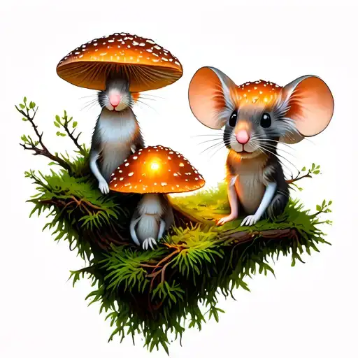Mouse Mushrooms Pine Tree Moss And Glowing Kodamas Tree Spirits