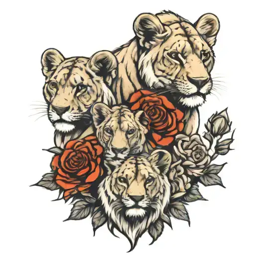 Lioness And 3 Cubs With Roses Black And White