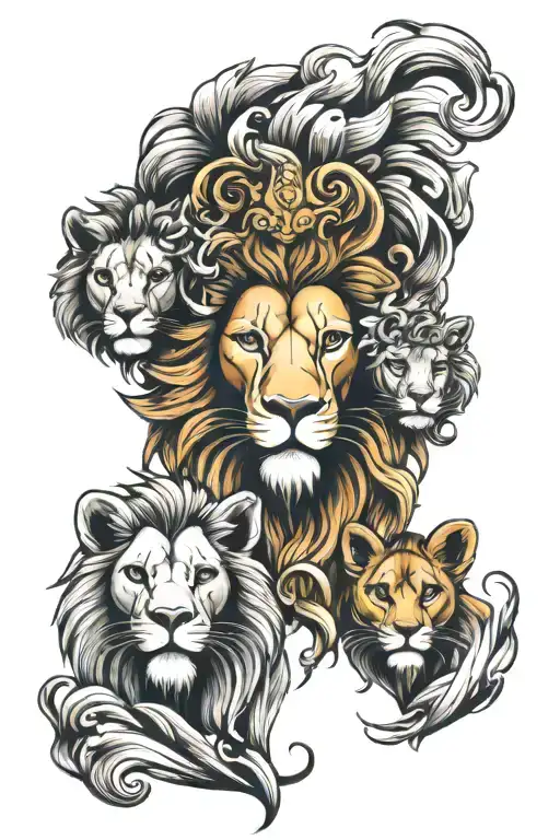 Lion Face And Woman With Two Children