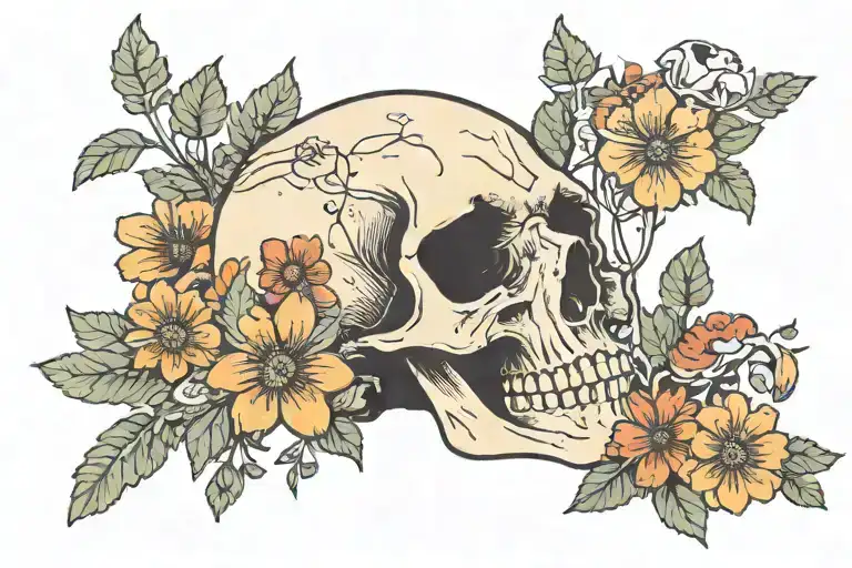 Skull And Wildflowers And Mushrooms Growing From A Broken Skull