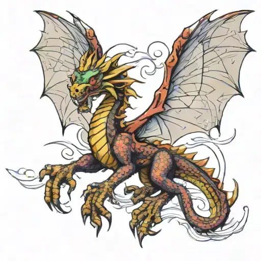 Front Veiw Of A Dragon With Huge Wings Spread And Long Windy Tale