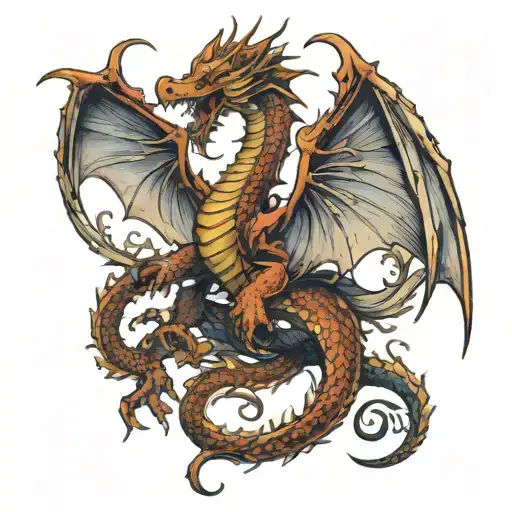 Back Veiw Of A Dragon With Huge Wings Spread And Extremely Long Windy Tale