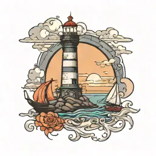 Lighthouse And A Little Ship Far Away