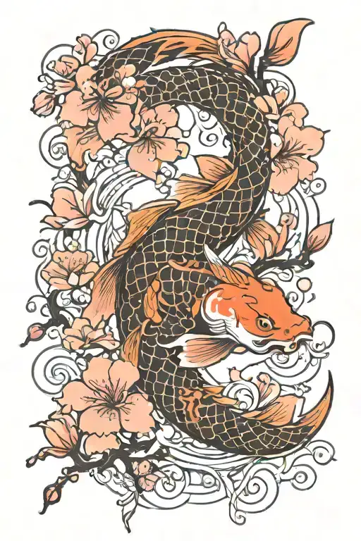 A Koi Fish Transforming Into A Dragon Surrounded By Cherry Blossoms