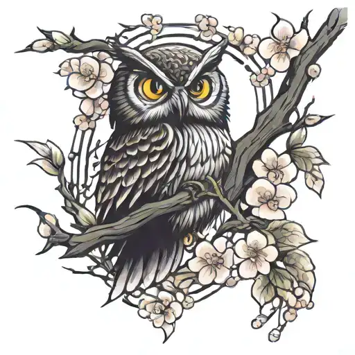 Owl And Spider And Cherry Blossom