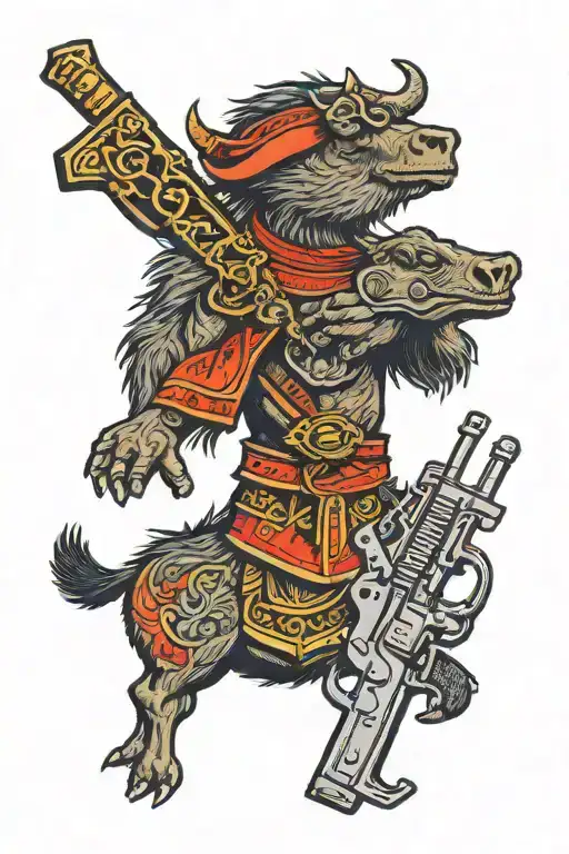 Crucifix With The Legend Curupira Riding A Collared Peccary Holding A Gun