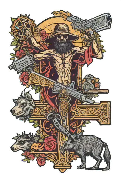 Crucifix With The Legend Curupira Riding A Collared Peccary Holding A Gun In The Forest