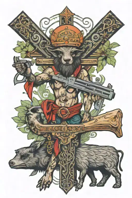 Crucifix With The Legend Curupira Riding A Collared Peccary Holding A Gun In The Forest