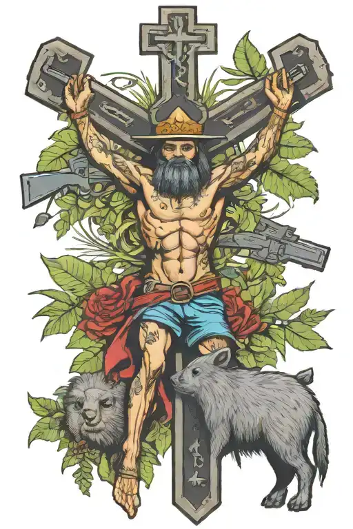 Crucifix With The Legend Curupira Riding A Collared Peccary Holding A Gun In The Forest