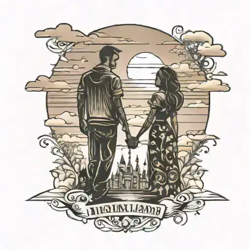 Disneyland And Sunset Sky With Family Holding Hands