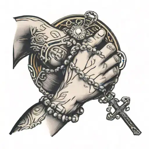 Praying Hands Holding Rosary Hanging Down On Forearm