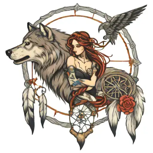 Fallen Angel And Wolf Dream Catcher Entangled
