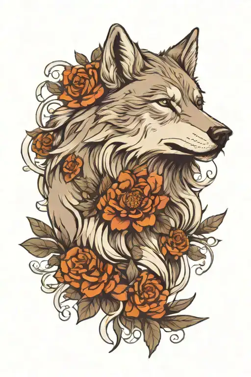 Grey Wolf And Aster Flowers