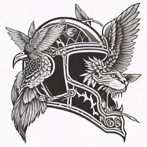 Soldier Helmet Kibuki Mask Birds Flying Towards Lion