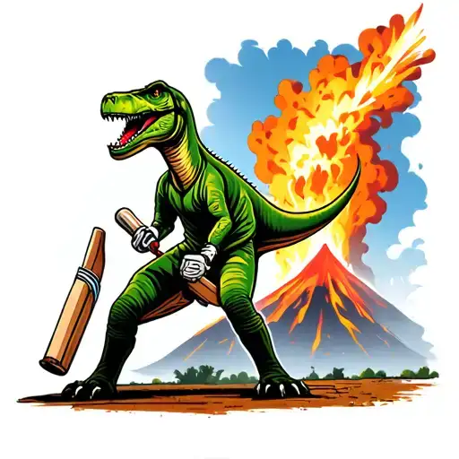 Dinosaur Cricket Player Batting In Front Of Violently Erupting Volcano