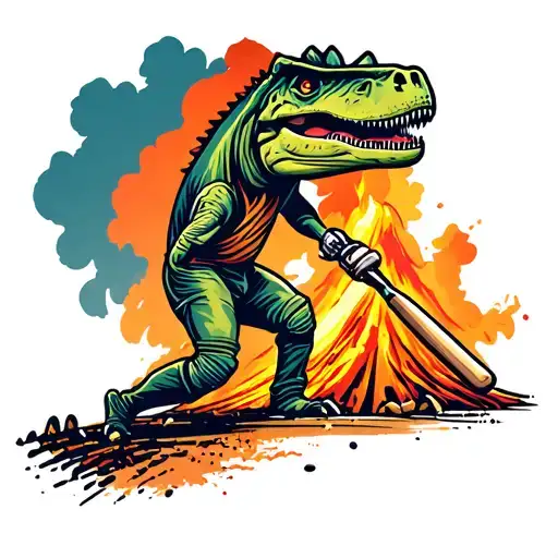 Dinosaur Cricket Player Batting In Front Of Violently Erupting Volcano