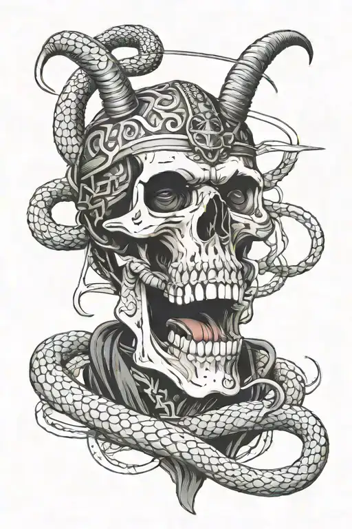 Samurai Skull With Snake Intertwined In The Mouth