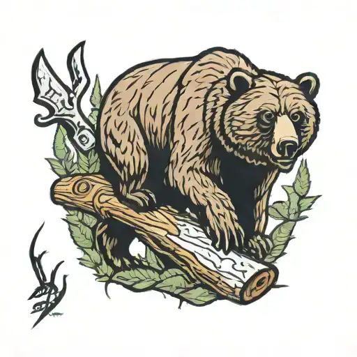 Grizzly Bear Wood Saw Cutting Log