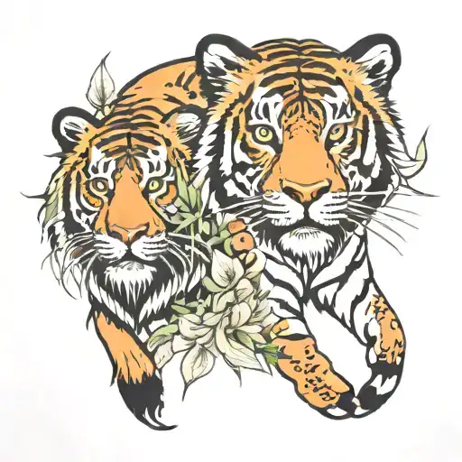 Half Bison And A Tiger With A Tiger Lily Flower Behind