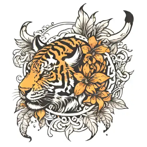 Half Buffalo And A Tiger With A Tiger Lily Flower Behind