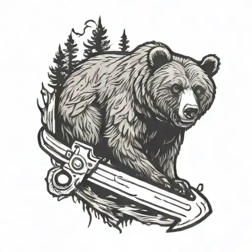 Grizzly Bear With 2 Handed Saw In Log