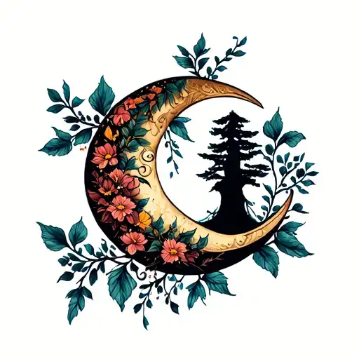 Crescent Moon With Trees And Flowers Intertwined