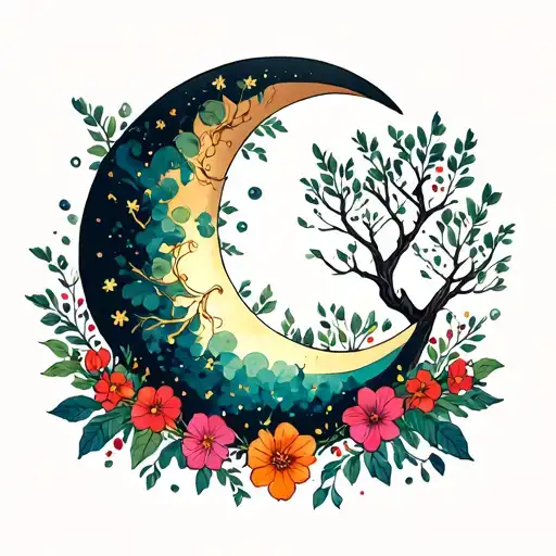 Crescent Moon With Trees And Flowers Intertwined
