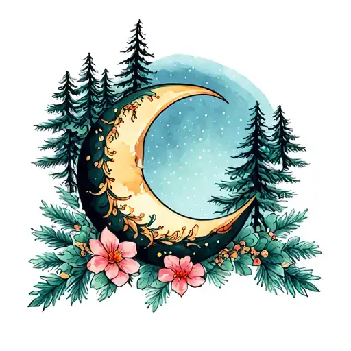 Crescent Moon With Pine Trees And Flowers Intertwined