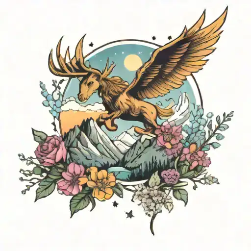 Mountain Scene With Sagittarius Constellatio Above And December Birth Flower Below