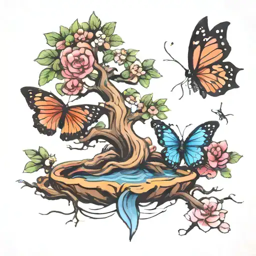 Bonsai Tree And Butterfly Emerging