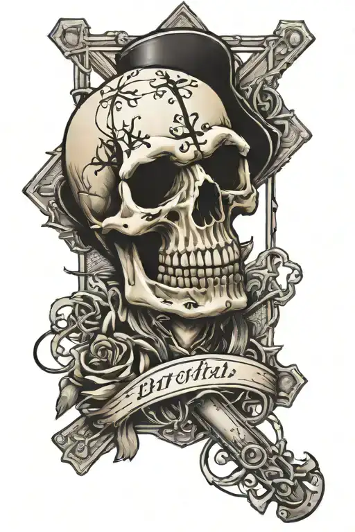 Cross With Bill Skull And Bard Wire With Road Sign