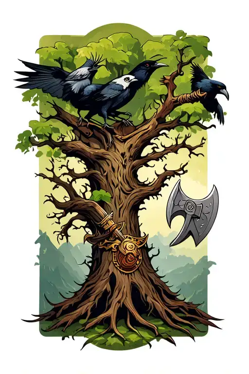 Poison Tree With Fenrir And A Viking Axe With Odens Crows