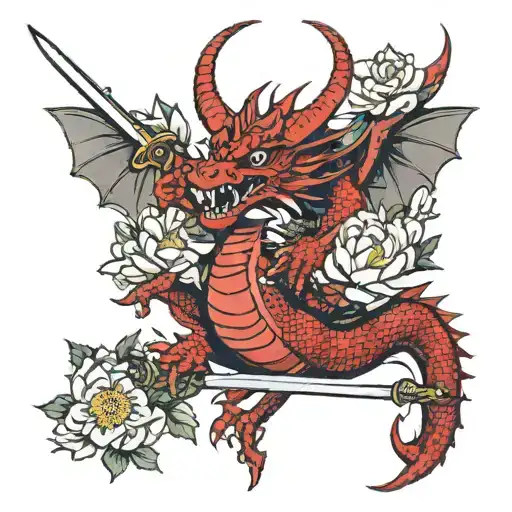 A Red Dragon Surrounded By Flowers With A Sword Through Uy