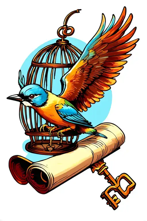 Bird With A Key Flying Away From Cage Wrapped Around A Scroll