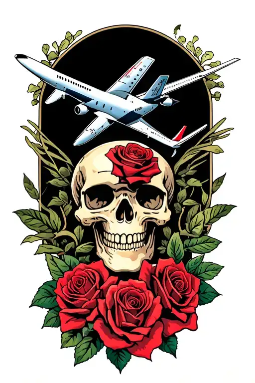 Skull And Roses With A 757 Airplane Intertwined