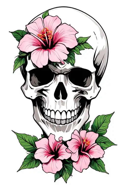 Skull And Hibiscus Flower Intertwined