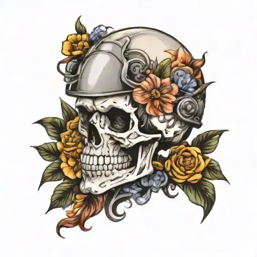 Skull Wearing Helmet Surrounded By Flowers Growing