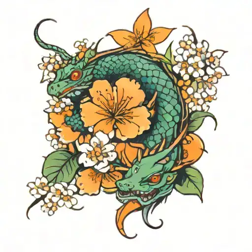 Orange Blossom And Cherry Blossom With A Dragon