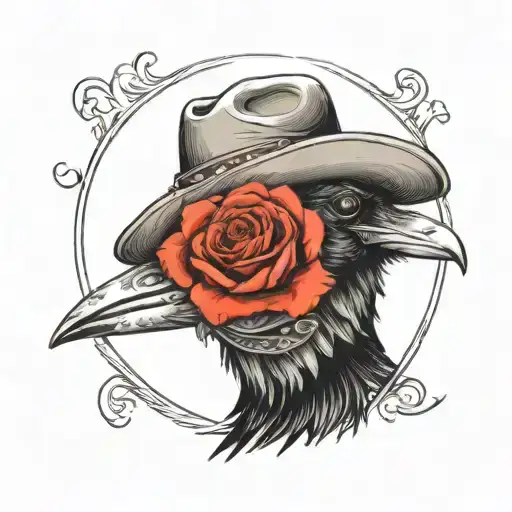 Crow With Cowboy Hat With Rose Surrounded