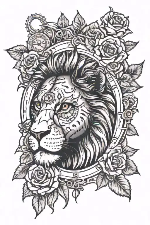 An Eye With A Lion And Clock Surrounded By Roses