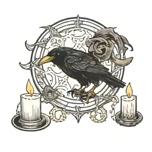 Raven In A Witch's Hat Under The Full Moon With A Grimoire And Candles