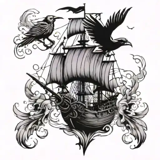 Pirate Ship With Raven Flying