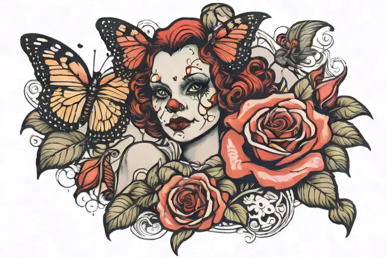 Sad Female Clown Holding A Rose With Butterfly On Top
