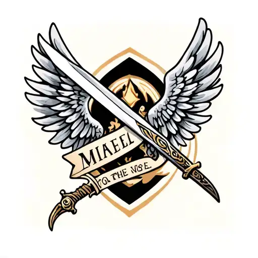 Mikael Name For Tattoo On Forearm With Angle Wings And A Sword