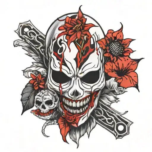 Tokyo Ghoul Mask Next To Guts From Berserks Sword Surrounded By Spider Lillies