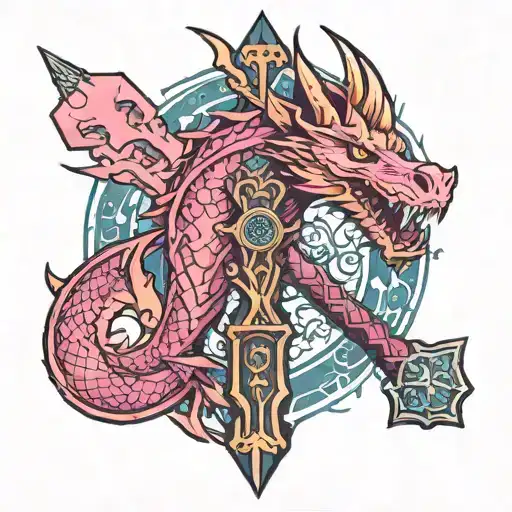 Colorful Fantasy Merlin Saga Excalibur Witchcraft Thors Hammer And In The Background A Pink Dragon