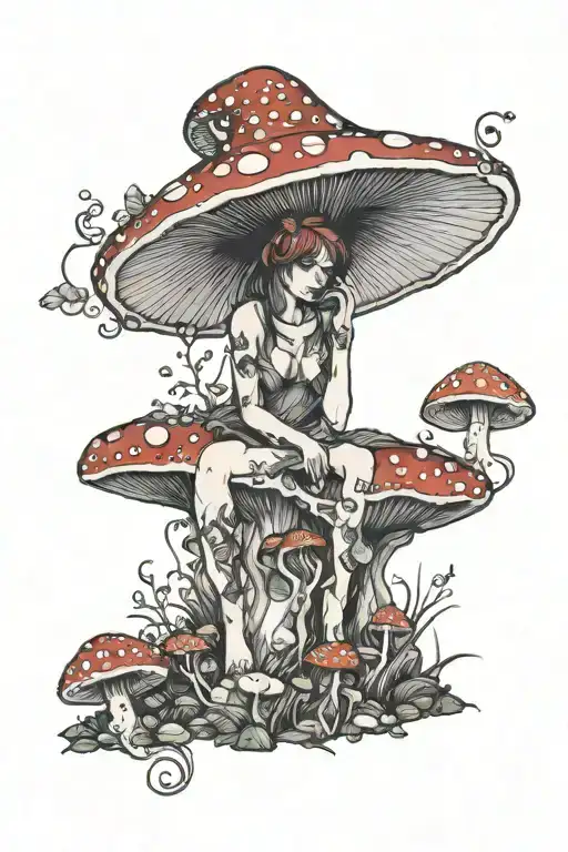 Fairy Sitting Under Amanita Muscaria Mushroom